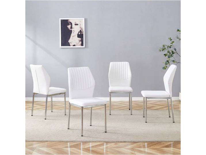 Lot de 4 chaises de salle à manger avec dossier à nervures verticales métal PU blanc et argenté