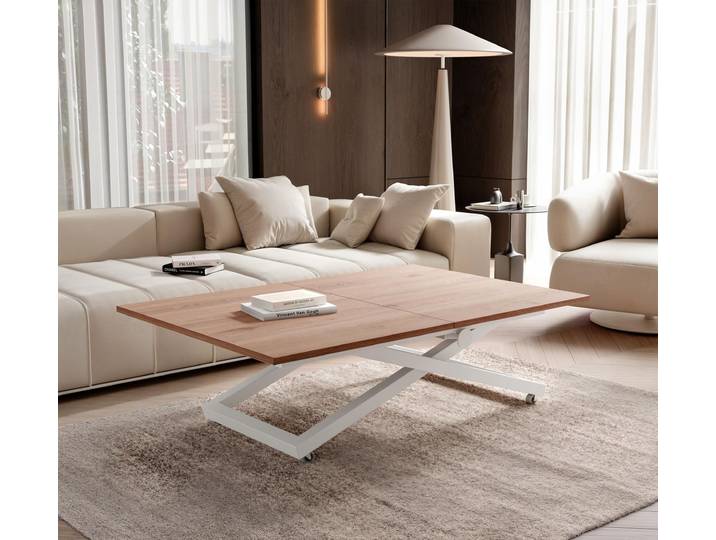 Table basse extensible ARIA\, réglable en hauteur\, table pour salon\, table multifonctionnelle – Blanc / Marron Truffe