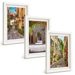BILDER SET 3er Set - 20x30 cm Weißer Rahmen - Italienische Straßen, Blumen, Architektur
