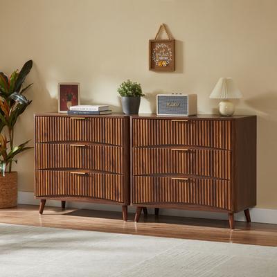 Loedds Set of 2 3-Drawer Mid-Century Modern Fluted Dressers with Metal Handles