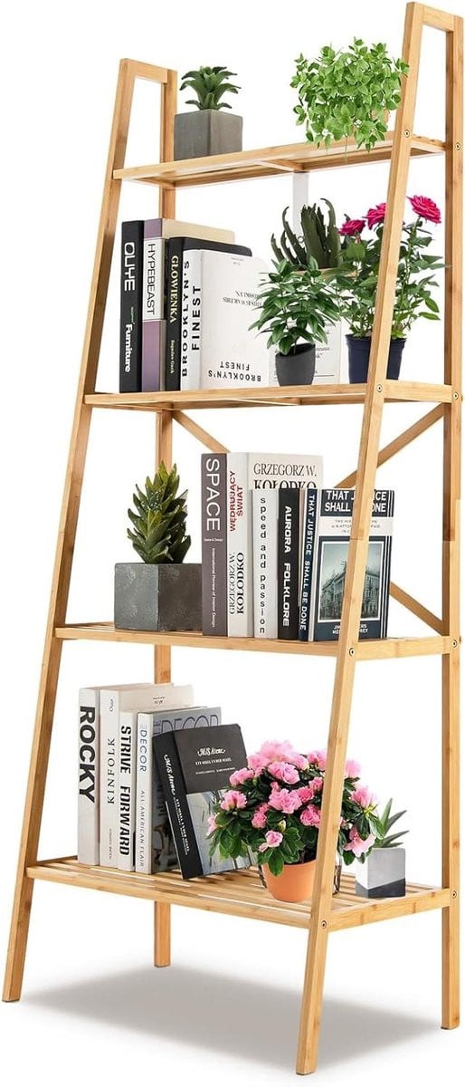 Bamboo Ladder Rek Boekenkast met 4 Niveaus Natuurlijk B/D/H: 60 x 35.5 x 148 cm
