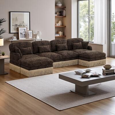 Chenille Leopard Print Modular Sectional Sofa with Delicate Tassel Edge, Ergonomic Design, and Easy Assembly