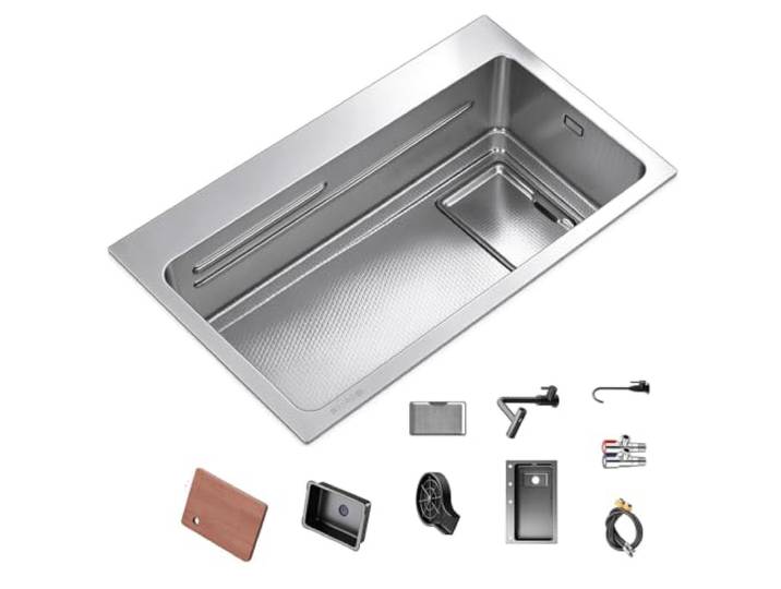 Küchenspüle, robuste Einzelbeckenspüle aus Edelstahl Haushalts-Gemüsewaschbecken, Arbeitsplatte/Mittelmontage/Unterbau/Einbauinstallation(Silver,80*46 cm(31*18 in))