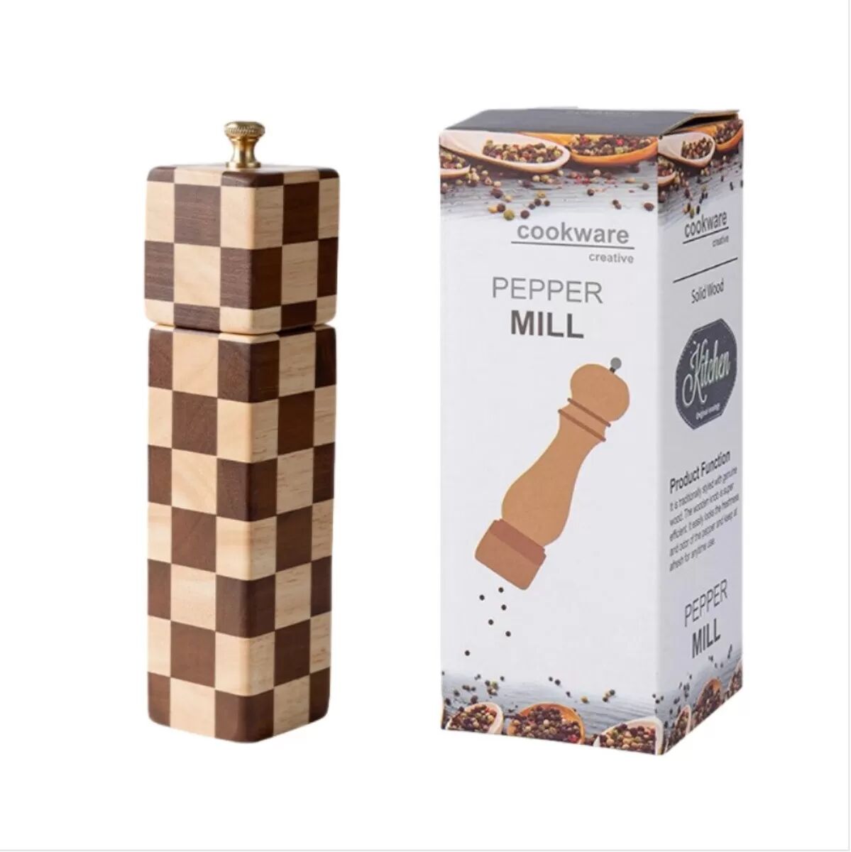 INF Quadratische Schachbrett-Pfeffermühle 20 cm - Manuelle Keramik-Gewürzmühle