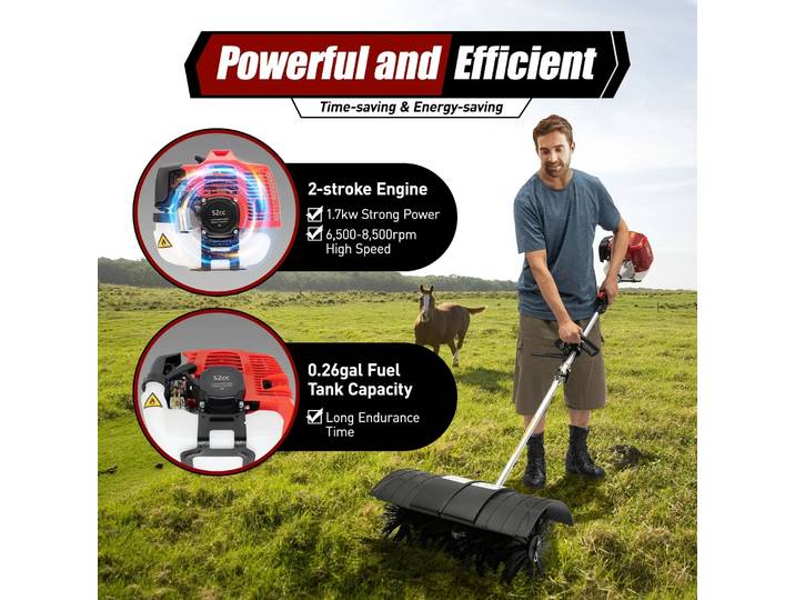 La plus récente balayeuse de pelouse à gaz 2 temps 2.3Hp/1700W, balayeuse à main derrière balai à essence balayeuse brosse jardin extérieur