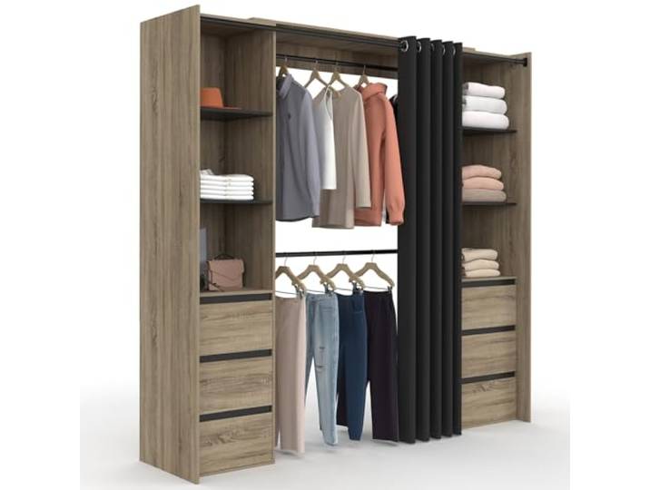 IDMarket - Dressing extensible double MERYL 120/180 cm hêtre et rideau noir Avec 6 tiroirs\, étagères et double penderie