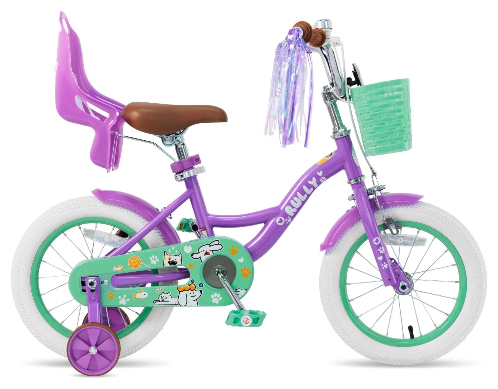 14 Zoll Mädchenfahrrad, lila, mit Stützrädern, Korb und Puppensitz