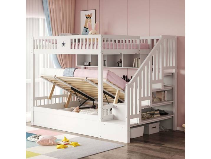 Lit superposé - WESTYLE - 140x200 cm - Escalier avec rangements - Sommier relevable hydraulique - Bois massif