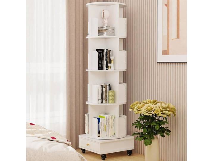 Bibliothèque Tournante 4 Niveaux avec Roulettes et 1 Tiroir - Étagère Rotative Mobile pour Coin - 40x40x145 cm - Blanc