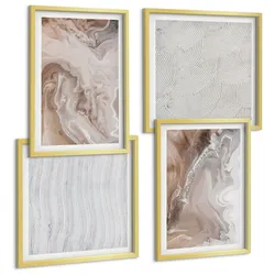 BILDER SET 4er Set - 50x50 cm & 40x60 cm Goldrahmen - Abstrakte Marmormuster aus Stein