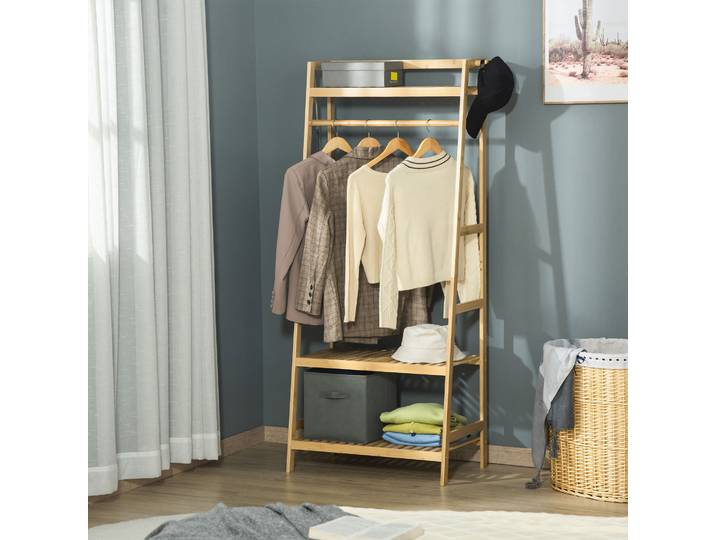 HOMCOM Portemanteau Bambou avec Étagères 70x42x164cm Bois