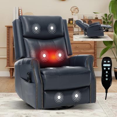 Kodotan sofa Blue Genuine Leather Heat Massage Manual Recliner Chair with Rocker and Swivel for Living Room