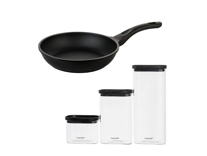Mulex Bratpfanne TOMALIN Premium 26 cm inklusive LIDKÖPING Meal Cubes Schwarz aus Glas, Pfanne Aluguss (Premium Qualität, 7-tlg., Tomalinbeschichtung // Meal Cube aus Glas), Induktionsgeeignet