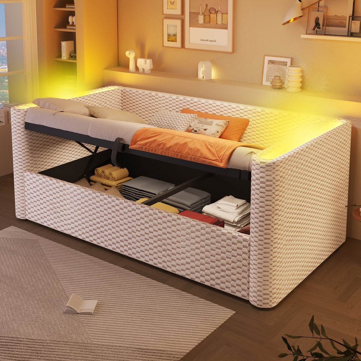 Beige Fluwelen Slaapbank met LED-verlichting en Hydraulische Opbergruimte, 90x200 cm