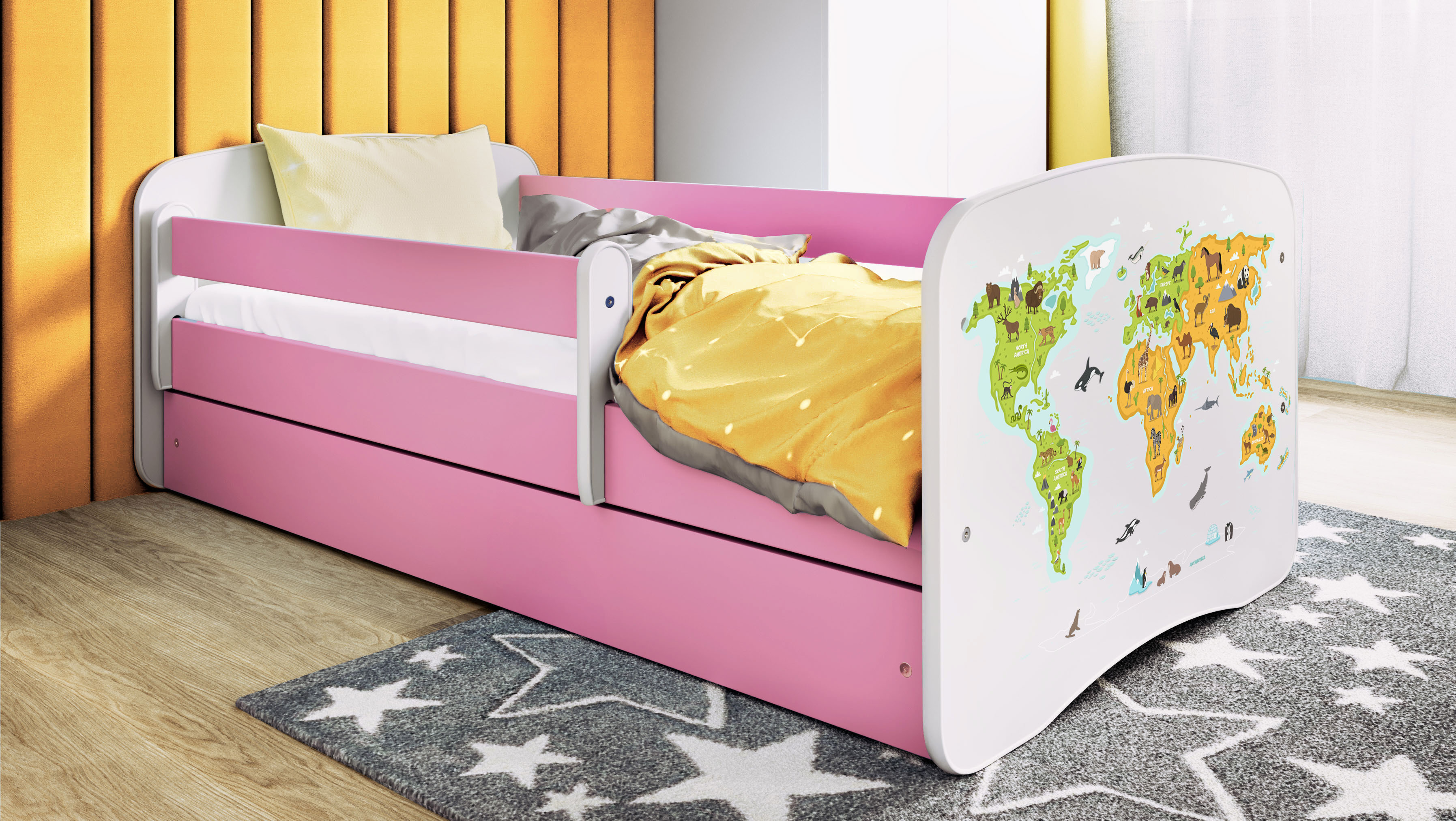 Kinderbett Jugendbett Karte 70x140, 80x160, 80x180 cm - Komplettset mit Matratze, Schublade & Rausfallschutz