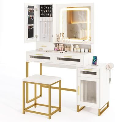 Costway Makeup Vanity Desk Dressing Table and Stool Set with Lighted Mirror-White