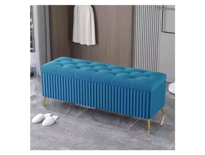 WIGSELBL Samt-Aufbewahrungsbank, gepolstert, getuftet, Ottomane, extra lange Aufbewahrungsbank mit goldenen Beinen, gepolsterte Sitzbank für Wohnzimmer (Farbe: Blau, Größe: 120 cm)