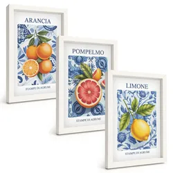 BILDER SET 3er Set - 20x30 cm Weißer Rahmen - Vintage-Illustrationen von Zitrusfrüchten