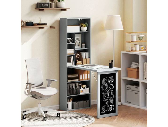 Bureau pliable mural - AKOZON - 9911 - 3-en-1 bibliothèque - Tableau noir - Étagère réglable
