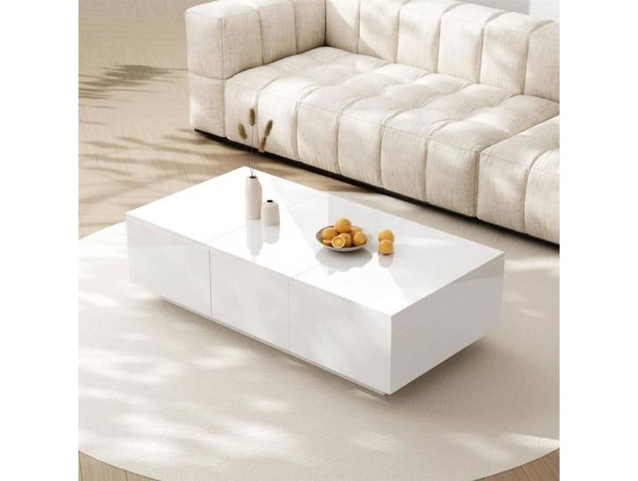 Table basse - Blanc - Scandinave - 100x50x31 cm - Rangement coulissant - Tiroirs double face
