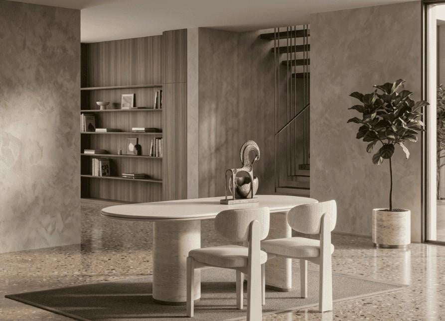 JVmoebel Beige eethoekset met ovale eettafel en beklede eetkamerstoelen in modern design