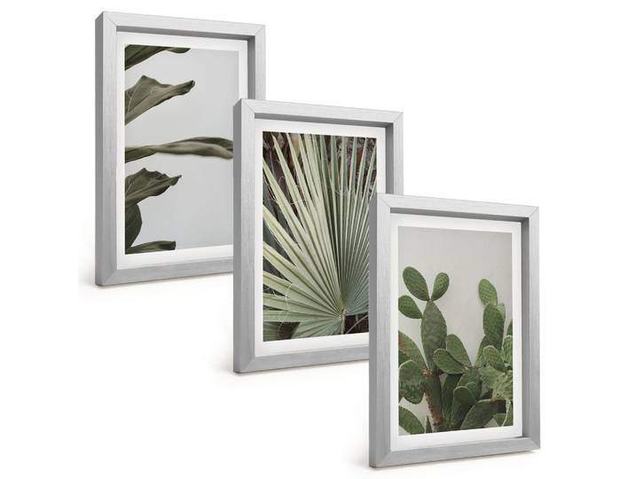 BILDER SET 3er Set - 20x30 cm Silberner Rahmen - Blätter tropischer Pflanzen in Pastellfarben