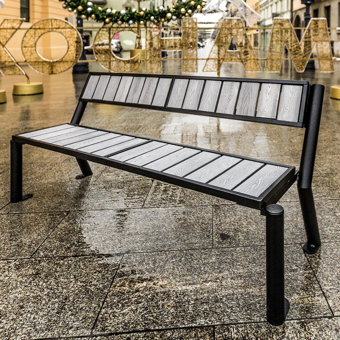 REKORD GLADIATOR WPC Grau Parkbank mit Armlehnen 175 x 59 x 76 cm aus Metall und WPC mit Rückenlehne wetterfeste Outdoor Sitzbank