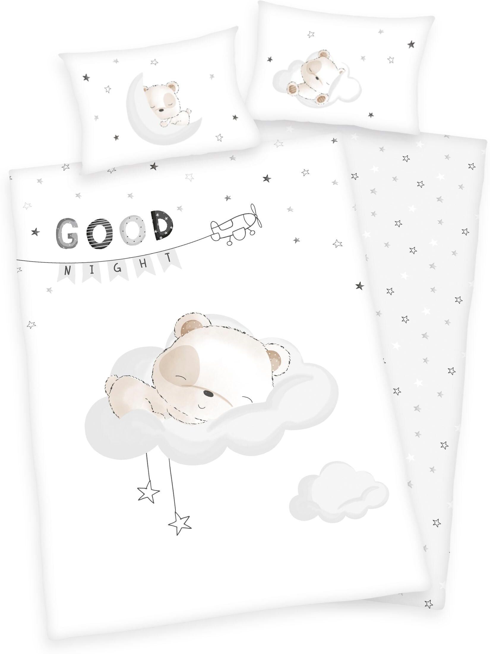Babybettwäsche BABY BEST "Baby Best "Sleeping little bear", weiss (weiß), B/L: 100cm x 135cm, 1 Stk., 1 Stk., Renforcé, B/L: 60cm x 40cm, Renforcé, Obermaterial: 100% Baumwolle, Bettwäsche, Babybettwäsche, mit Stern und Teddy weiß B/L: 100cm x 135cm, 1 St