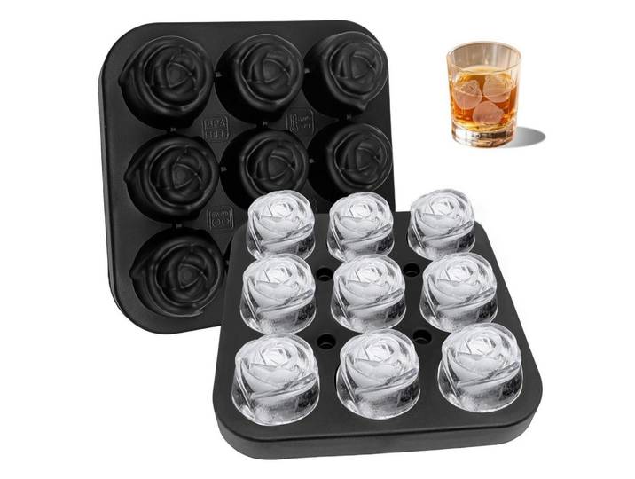 Eiswürfelform Silikon Rosen-Design mit Deckel BPA-frei wiederverwendbar Schwarz, Kunststoff, 12.5x3.5x12.5 cm, Barzubehör & Weinzubehör, Barzubehör