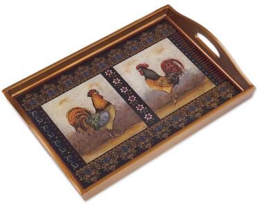 Novica "Handmade Crowing Roosters Reverse Painted Glass Tray (Peru) - 2.4"" H x 17.75"" W x 11.75"" D"