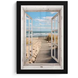 POSTER MIT RAHMEN Fenster - Meer - Küste - Natur - Ausblick - Strand - Wattenmeer Poster 20x30 cm