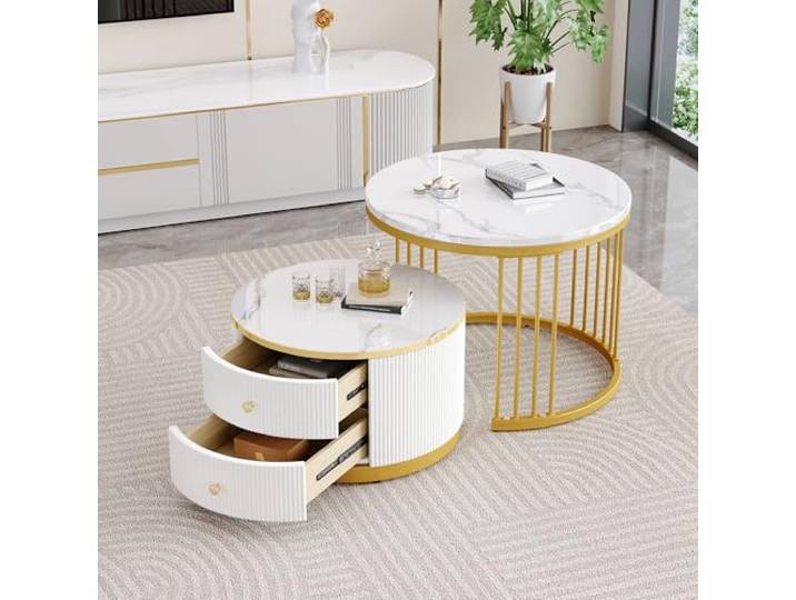 Terahanda EIN Elegantes zweiteiliges weißes Couchtischset mit verschachteltem Design, Einer runden Tischplatte mit hochglänzender Marmoroptik und Zwei Schubladen. (White + Gold)