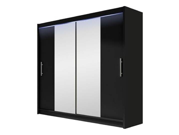 Mirjan24 Kleiderschrank London II mit Spiegel und RGB LED Beleuchtung, Schwebetürenschrank, Modernes Schlafzimmerschrank 180x215x58cm, Garderobe (Schwarz)