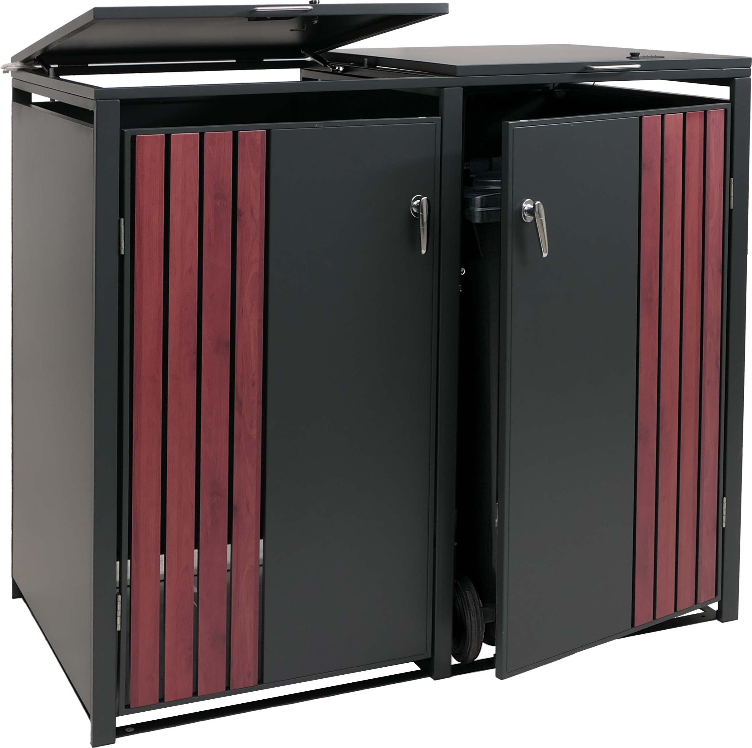 2er-Mülltonnenverkleidung HWC-O67, Mülltonnenbox mit Deckel, Metall 122x132x84cm 53kg anthrazit Holzoptik dunkel