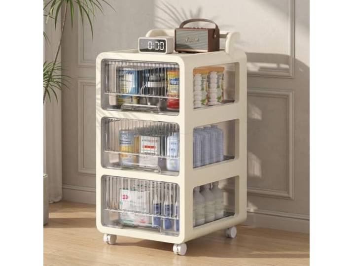 Mobiler Schubladenschrank mit Rollen, 4 Etagen Rollwagen für Büro & Küche Robuster Kunststoff, 360° leichtgängige Rollen, arretierbar, platzsparendes Design(White,41.3in*13.8in)