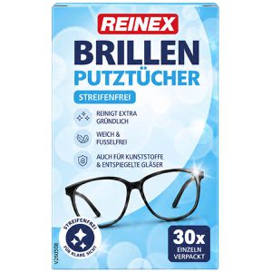 Reinex Brillenputztücher 408, feucht, 13x 15 cm, aus Zellstoff, mit Antibeschlagwirkung, 30 Stück