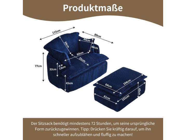Fauteuil Cloud Compressif avec tabouret fauteuil convertible en tissu Kord doux pour petit ruban salon et studio étudiant Bleu