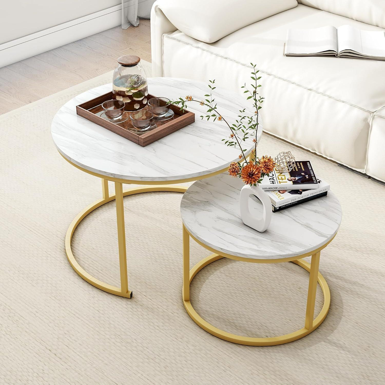 HOJINLINERO Set van 2 Rondere salontafels met houten blad en metalen frame met opbergruimte