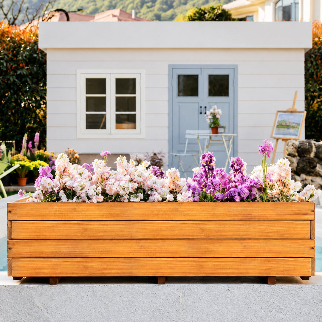 Blue Elephant Solid Fir Rectangular Planter Box with Liner and Drainage Holes Brown 32cm H x 119.9cm W x 39.9cm D
