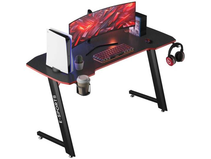 Bureau Gaming - Avalo - 100x60x75 cm - Plateau Effet Carbone - Crochet Casque et Porte-Gobelet - Structure en Z - Noir