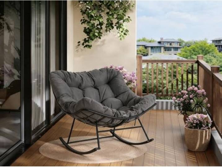 Acekool Schaukelstuhl Oversized mit Fußhocker, Schaukelsessel mit dickem Kissen & Metallrahmen, Relaxsessel für Poolside, Garten und Hinterhof, Tragfähigkeit (Grau, ohne Fußstütze)