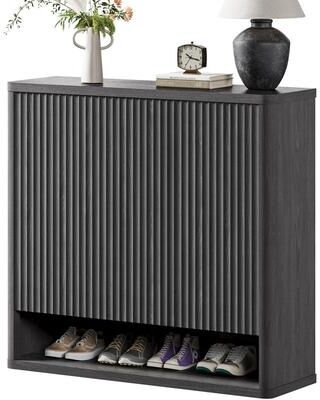 SICOTAS 3-Door Fluted Shoe Cabinet with Adjustable Shelves & Open Base