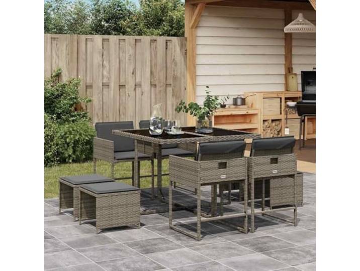 KTHLBRH 9-teiliges Gartenmöbel-Set mit grauen Kissen Strapazierfähiges Polyrattan, Klappstühle, Glastisch, platzsparend für den Außenbereich