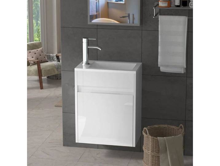 GOOBUY Meuble de Lavabo Suspendu 41cm avec Evier en Céramique Cabinet de Rangement Robinet Chromé Blanc