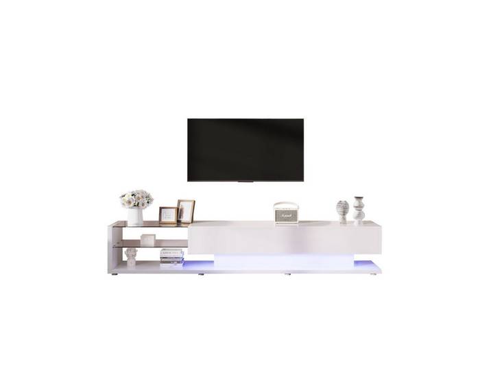 MODFU Lowboard TV-Schrank mit Glasablagen und Schubladen, Glastrennwände und variable LED-Beleuchtung