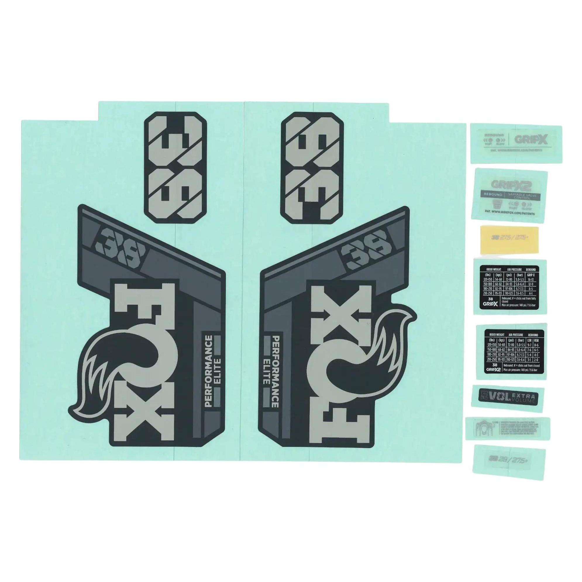 Fox Decal Kit: 2025, 38, PS-E, Gray Logo, Matte Black Fork FK (803-04-083)