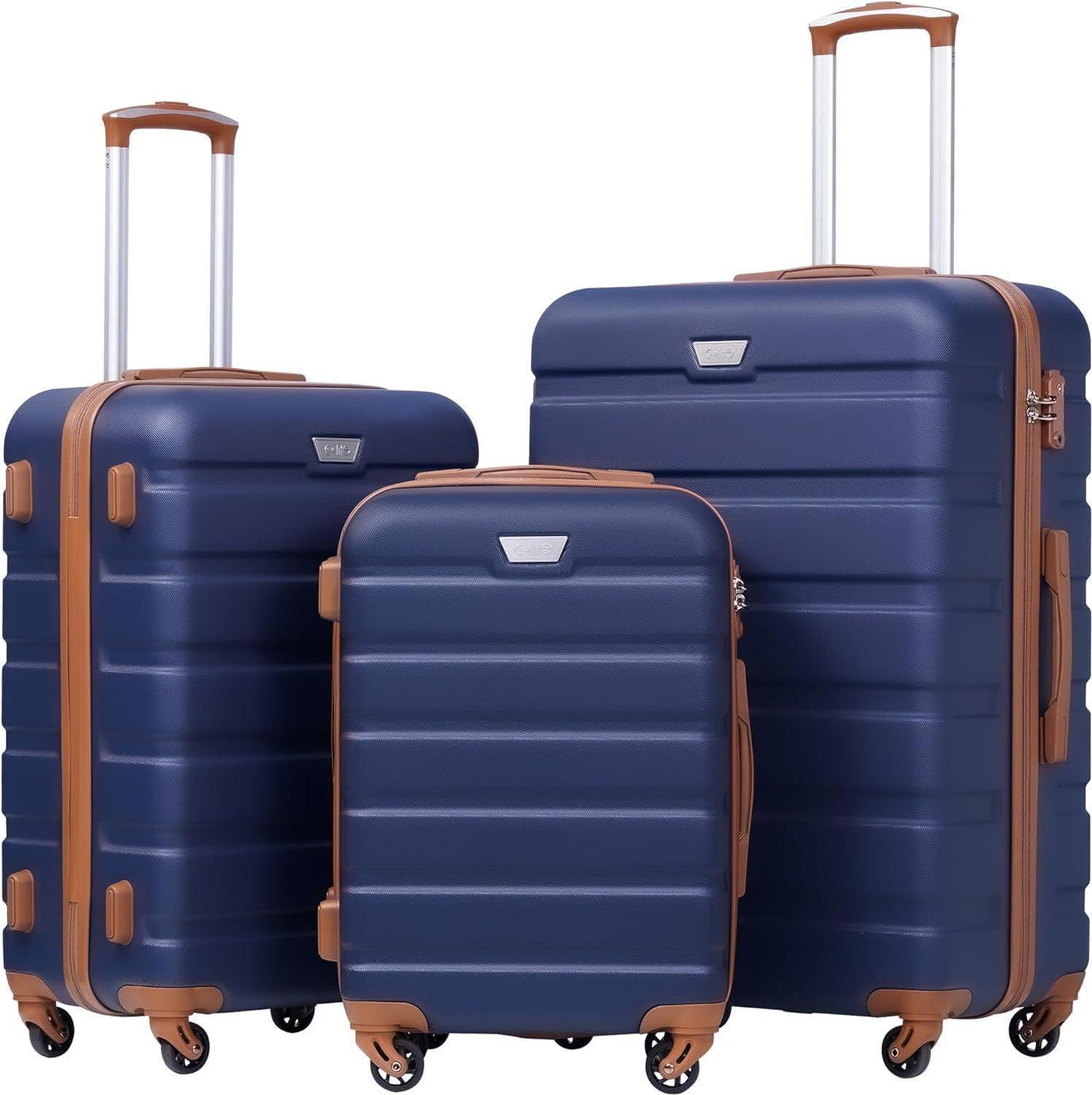 COOLIFE Hartschalen-Koffer Trolley Set TSA-Schloss 4 Rollen Blau/Braun