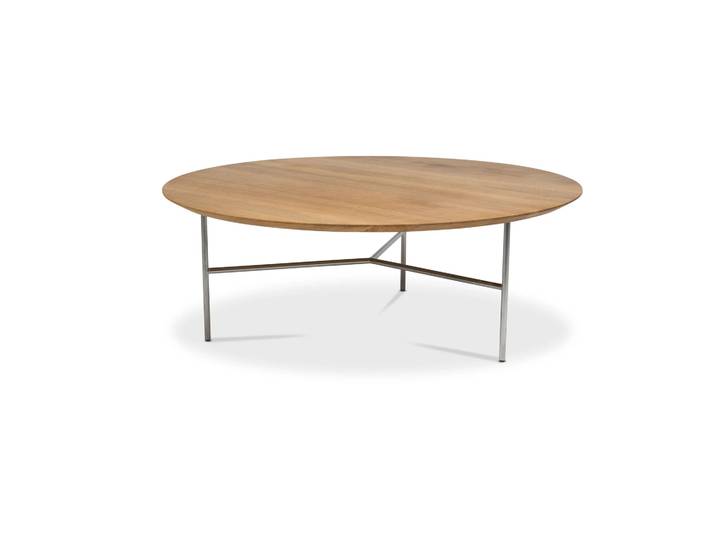 Mavis Table basse Tribeca Chêne huilé rustique, pieds chromés satinés, Ø110 cm
