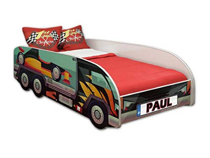 ACMA Kinderbett LKW Truck 140x70 cm Autobett Juniorbett für Kinder ohne Matratze und Lattenrost, Spielbett ohne Rausfallschutz, Kinderzimmer Bettmöbel, Design 07 Formel-1-Transporter + Name