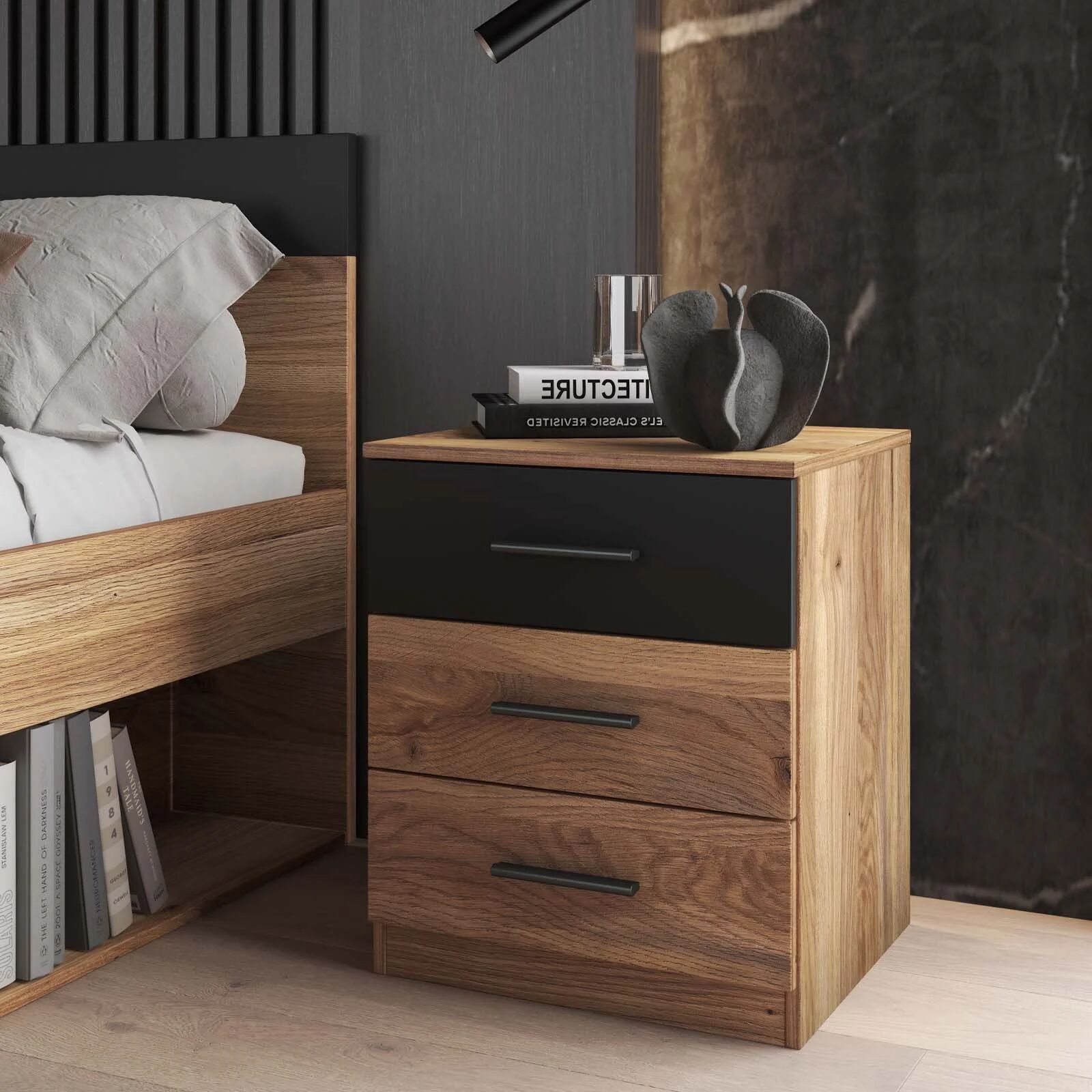 garneroarredamenti Comodino 46x56h cm 3 cassetti rovere nero Yve
